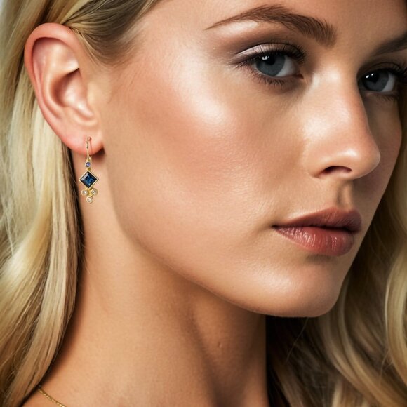 Princess Cut Sapphire Diamond (or 18k upon request) 14K Yellow Gold Drop Earring - Picture 2 of 6